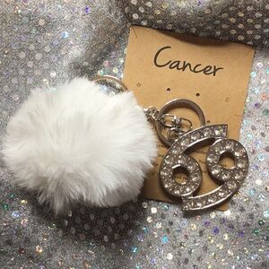 White Fluffy Keychain with Silver Cancer Charm
